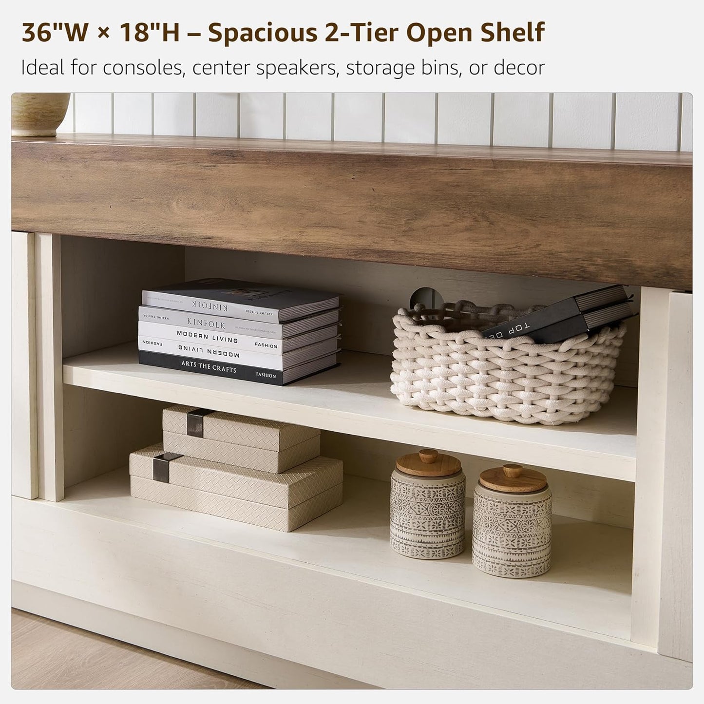 Modern 70" TV Stand, Entertainment Center for Tvs up to 80", Media Console with Large Open Storage & Side Cabinets, Thick Wood Design for Living Room, Antique White