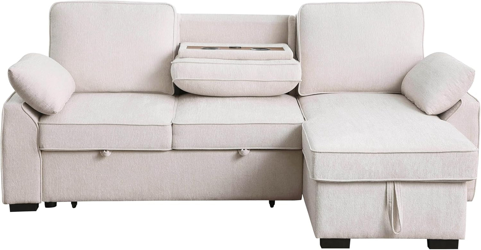 L-Shaped Pull Out Sleeper Couch Bed, Modern Chenille Upholstered Button Tufted Corner Couch Reversible Sectional Sleeper Sofa Bed W/Storage Chaise, Cup Holders