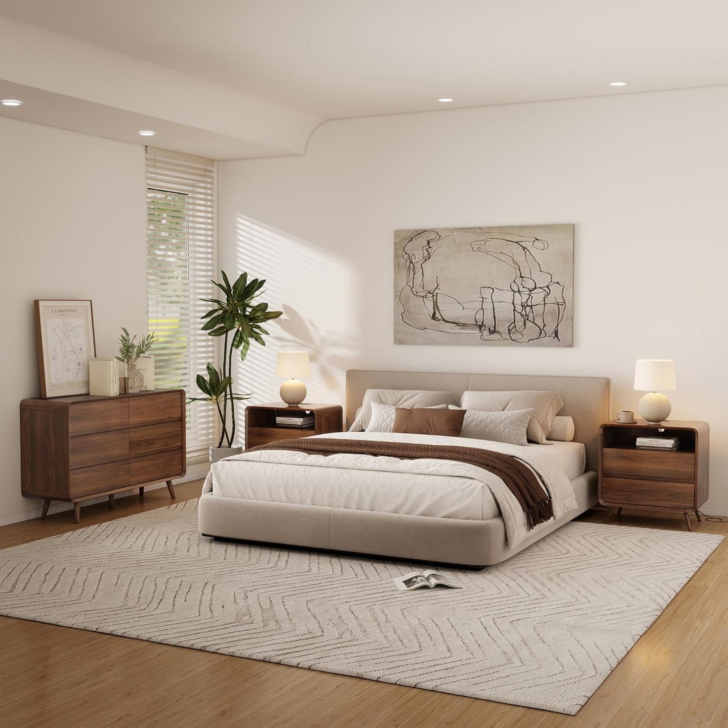 Dresser and Nightstand Sets 3 Piece, 6 Drawer Dresser for Bedroom and Nightstands Set of 2, Wood Chest of Drawers Night Stand Mid Century Modern Bedroom Furniture Set, Walnut