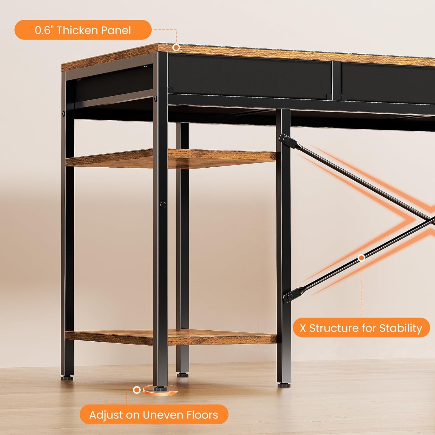 55" Computer Desk with 6 Drawers, Home Office Gaming Desks with Storage Shelves for Bedroom, Writing Study Corner Living Room Work Table Rustic Brown