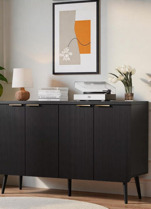 47.2" Contemporary Fluted Sideboard Cabinet with Four Doors, Wooden Storage Credenza with Shelves, Versatile Buffet Cabinet for Entryway, Dining, and Living Room, Black