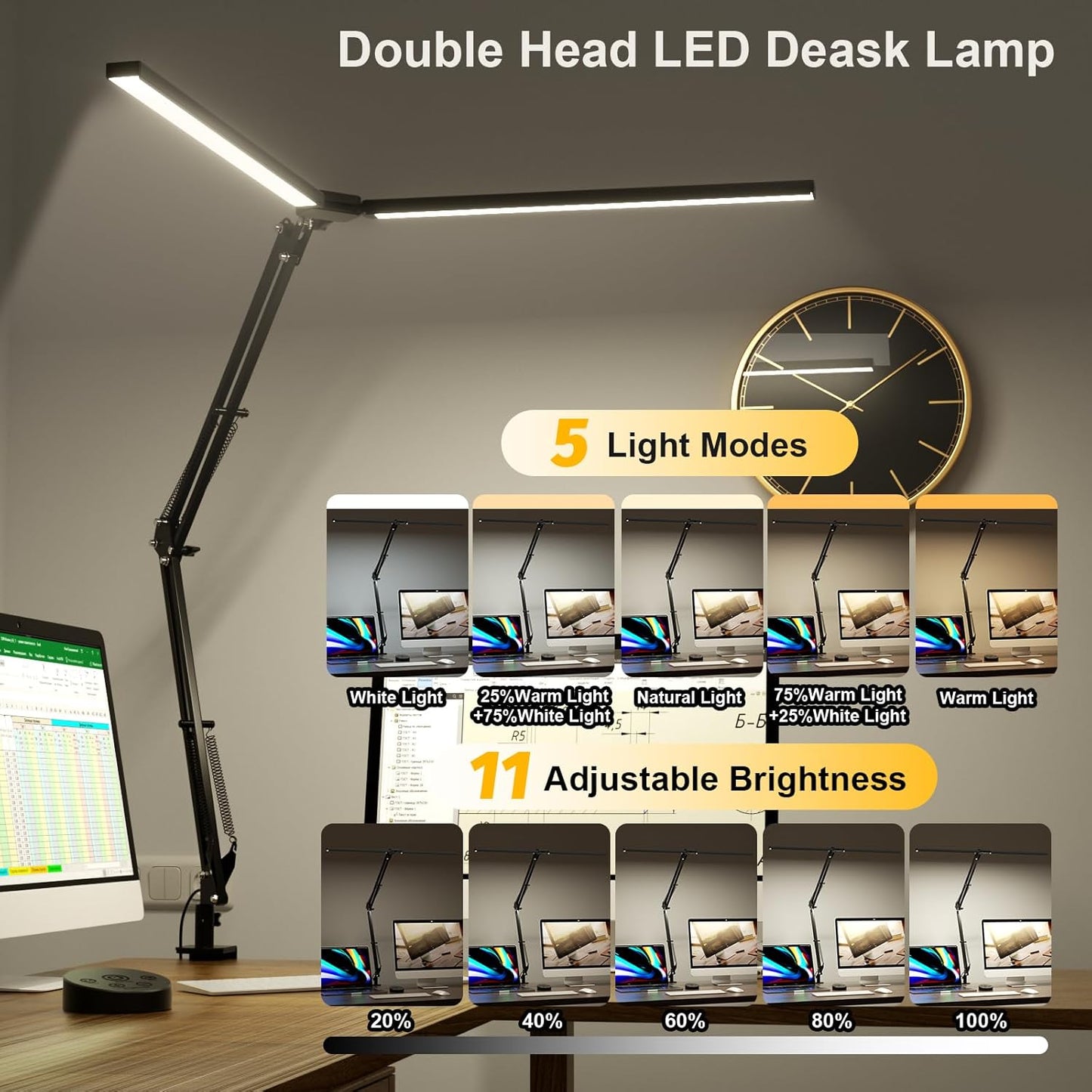 Led Desk Lamp for Home Office - 2400LM Ultra Bright Desk Light -Eye Caring Desk Lamp with Clamp - Adjustable Office Lamp with Remote Control- Easy Installation - 24W Black