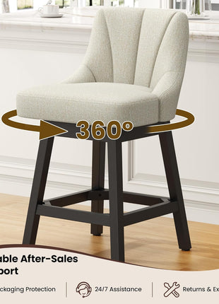 Set of 2 Modern Fabric Upholstered Swivel Bar Stools, 26" Counter Height Chairs with Back and Solid Wood Legs for Home Bar and Dining Room, Linen