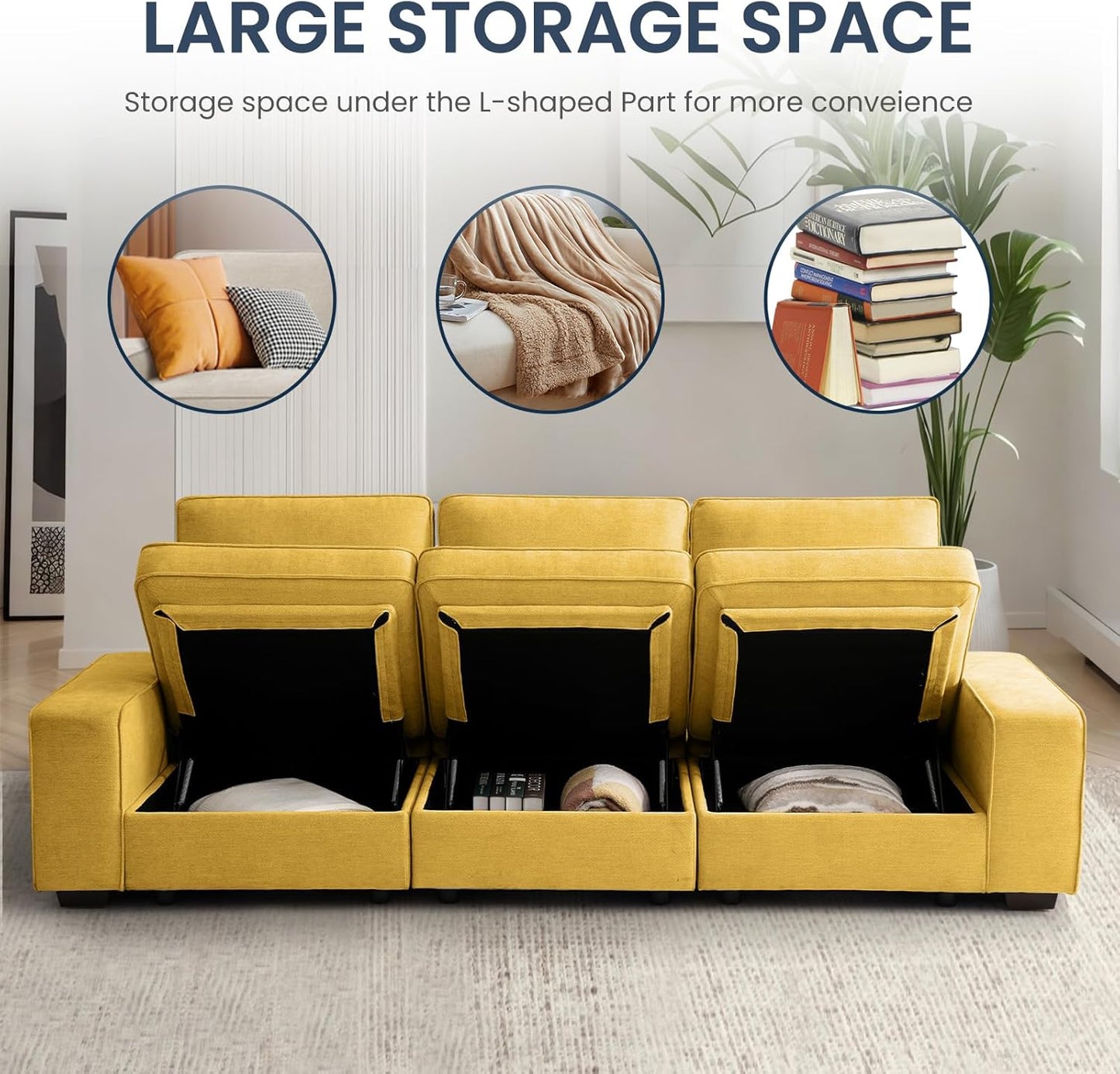 73" Modular Sofa Couch with Seat Storage, Comfy 2-Seater Chenille Fabric Loveseat Sofa for Living Room, Office, Apartment W/Deep Seat, Wide Armrest, USB Charing Removable Cover(Yellow)