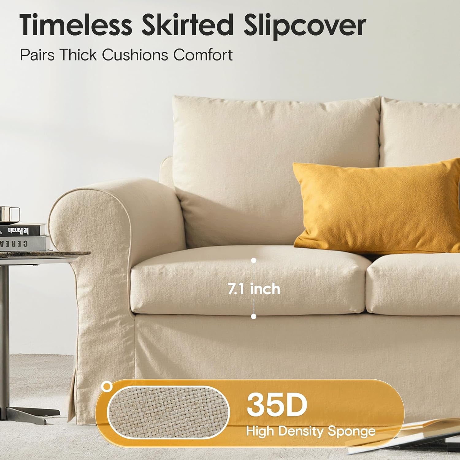 89" 3 Seater Sofa for Living Room, Deep Seated Comfy Couch with High Back Support, Removable Washable Linen Slipcover, Modern Farmhouse Style Rolled-Arm Beige Sofa