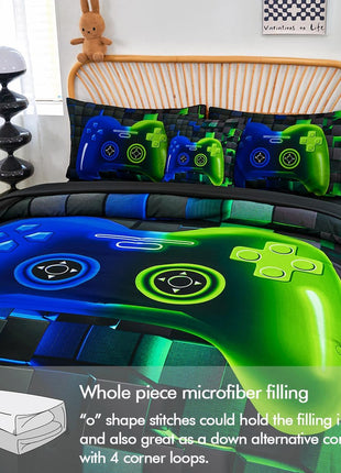 6-Piece Full Size Bed in a Bag Video Game Bedding Set for Boys, Featuring Soft 3D Printed Comforter and Sheets in Blue and Green, Ideal for Kids and Teens