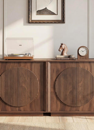 Contemporary Walnut Buffet Cabinet with Storage, Round Fluted Door Sideboard with Shelves, Modular Coffee Bar, Deep Beveled Design for Dining Room, Kitchen, Living Room, and Entryway, 32