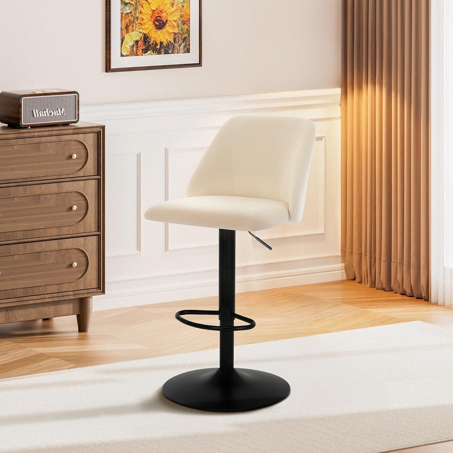 Bar Stools Set of 2, Modern Swivel Bar Chairs, Adjustable Upholstered Barstools Counter Height with Full Backrest for Bar, Dining Room, Kitchen Island, Beige