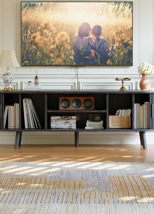 Mid-Century Modern TV Console for TVs up to 60 Inches, Entertainment Center with Fluted Sliding Doors, Concealed Storage, and Adjustable Shelving for Living Room and Bedroom, Black