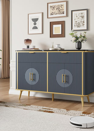 47.2" Modern Fluted Buffet Storage Cabinet with 2 Drawers and Adjustable Shelves, Navy Blue Kitchen Sideboard for Dining Room, Living Room, and Hallway