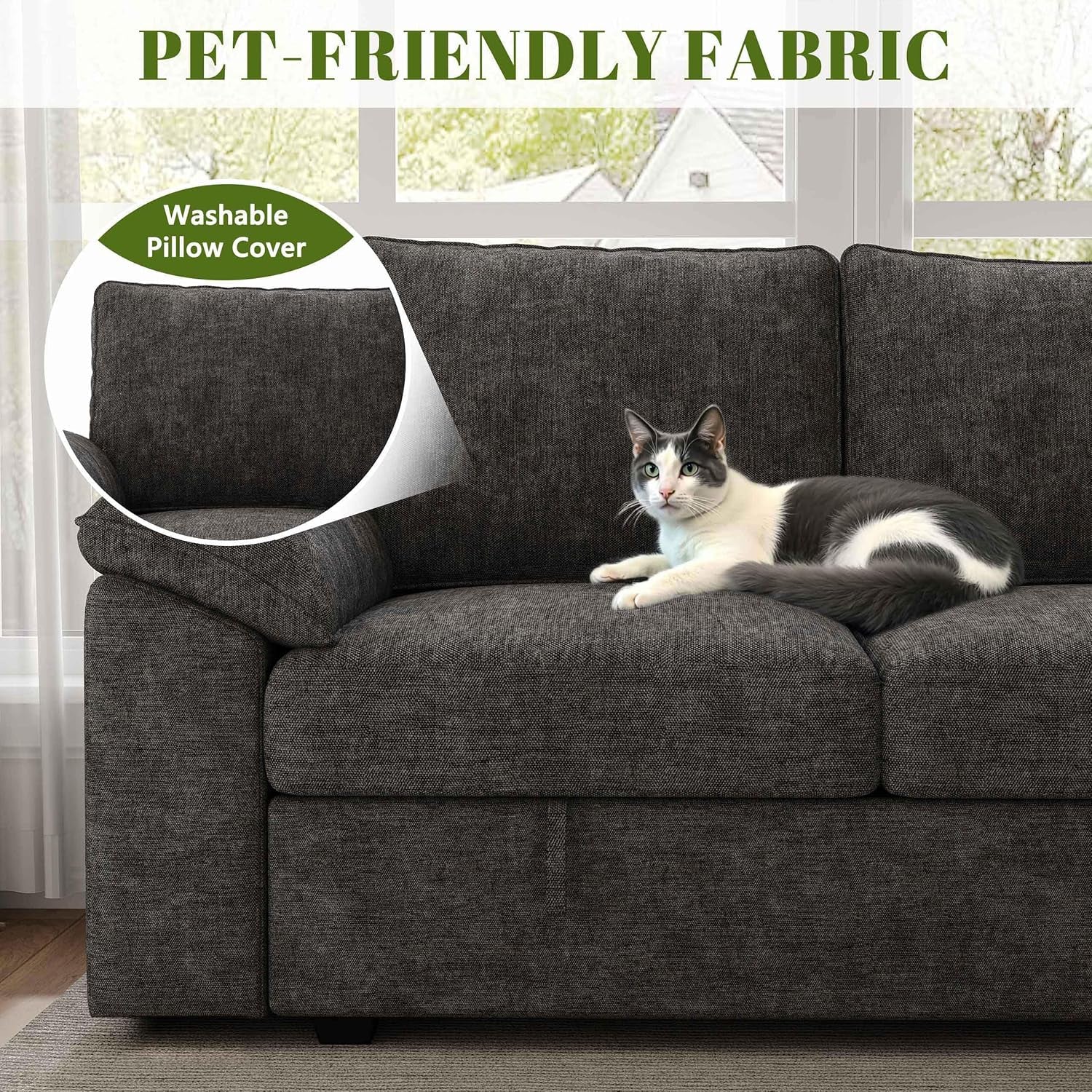 108 Inch Sectional Sleeper Sofa with Pull Out Bed, U Shaped 7 Seat Modular Sectional Sofa with Storage, Sectional Couches for Living Room, Cloud Modular Couch,Removable Sofa Cover, Dark Grey