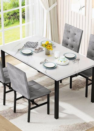 Contemporary Dining Table Set for Four with Faux Marble Surface and Velvet Upholstered Chairs, Perfect for Compact Spaces in White and Grey