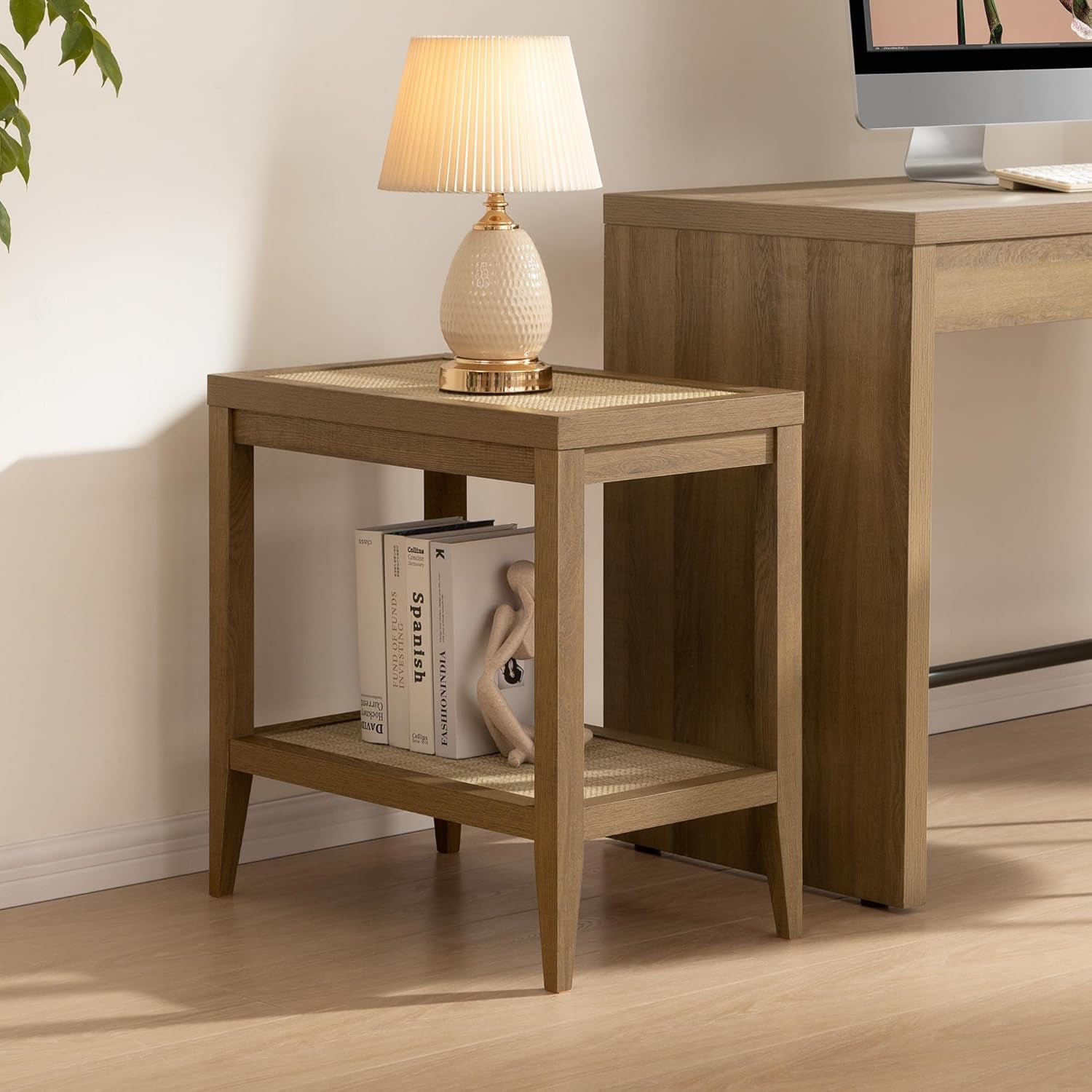 Rattan Night Stand Bedside Table - Farmhouse Boho Narrow End Table for Living Room - Accent Side Table with 2 Rattan Open Storage Shelves for Bedroom, Small Spaces