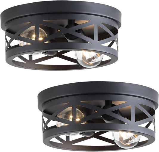 2 Pack Black Farmhouse Flush Mount Ceiling Light,2-Light Rustic Hallway Light Fixtures,Industrial Lighting Fixtures Ceiling Mount for Kitchen Hall Entry Bedroom Closet