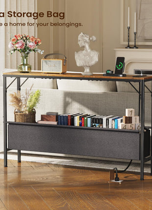 47.2" Modern Industrial Narrow Console Table with Storage and Power Outlets, Rustic Brown Finish, Ideal for Entryway, Living Room, Bedroom, and Office, Includes Anti-Tip Kit
