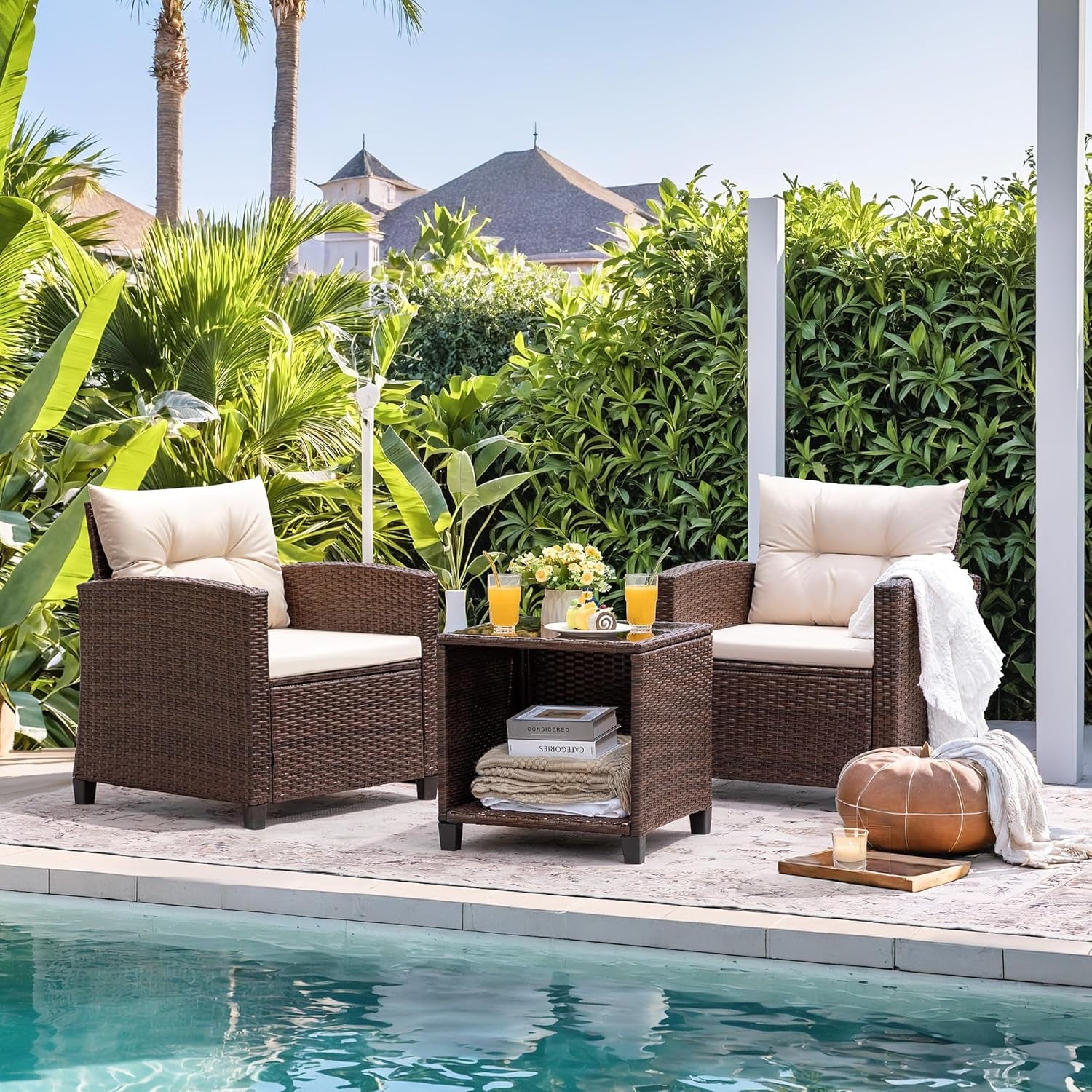 3 Pieces Patio Furniture Set, PE Rattan Wicker Patio Set with Two Outdoor Chairs and Table, Upgraded Patio Chairs and Table for Porch, Garden Poolside Balcony