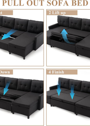 Oversized Sectional Sleeper Sofa with Storage Chaise - Comfortable Pull-Out Bed for Living Room in Stylish Black with Double Chaise