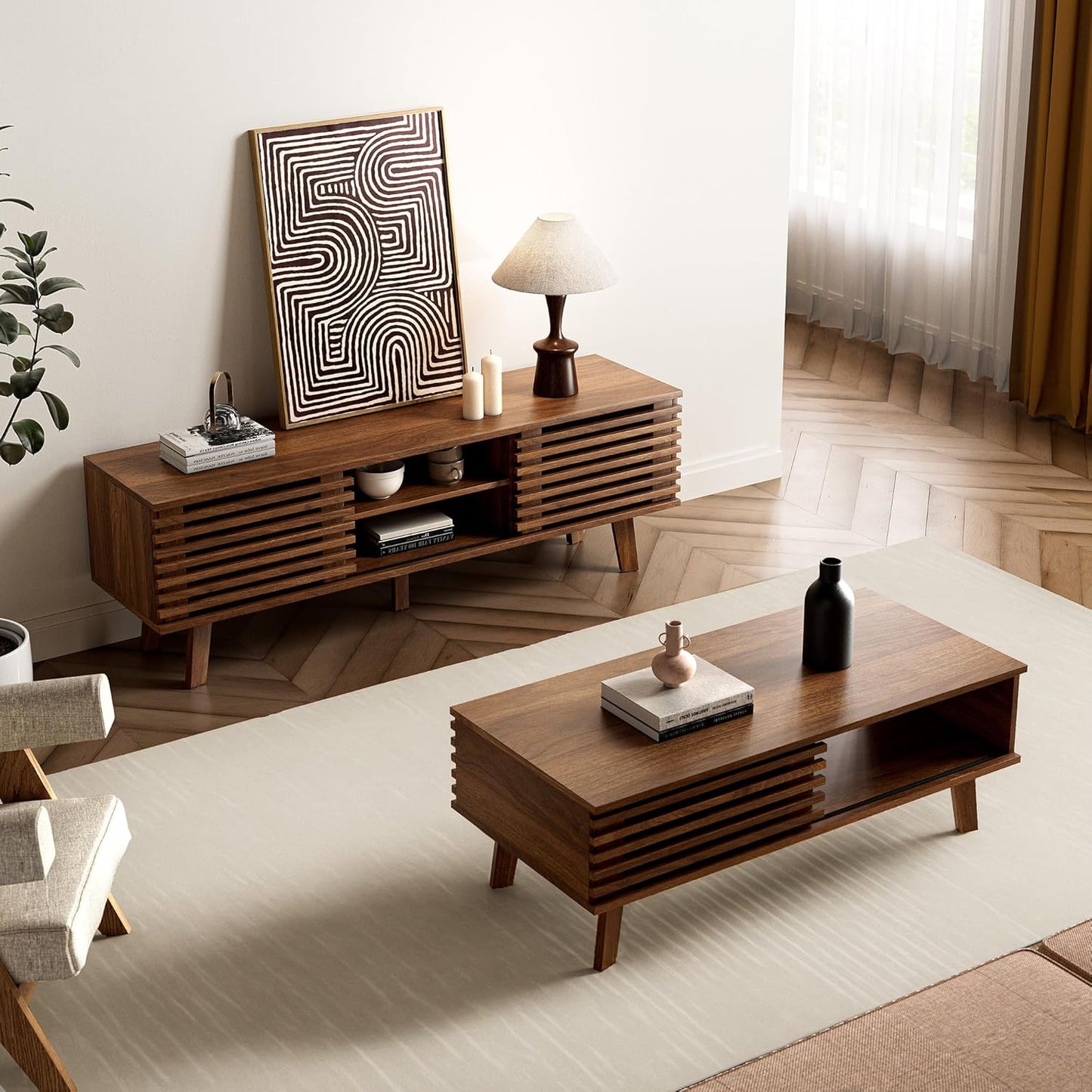 Mid Century Modern TV Stand for 50/55/60 Inch TV, Entertainment Center with Storage & Sliding Door, Wood Media Console, TV Stand for Living Room, Bedroom, Walnut