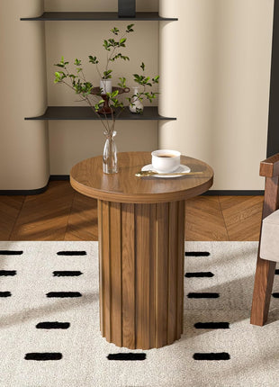 Farmhouse Round Pedestal End Table with Fluted Panel - Rustic Walnut Side Table for Compact Living Areas