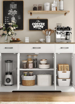 55" Buffet Cabinet with Drawers and Shelves, Modern Farmhouse Sideboard Storage for Kitchen and Dining Room, White/Rustic Finish