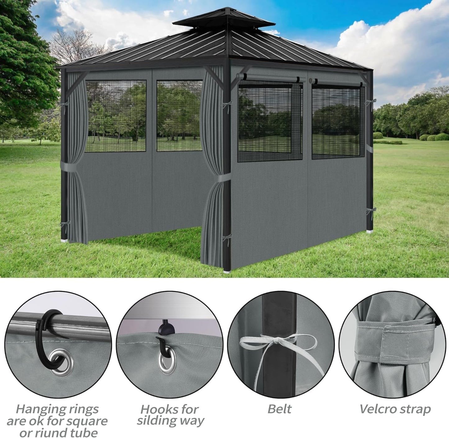 Gazebo Privacy Curtains 10' X 12' with Mosquito Windows, 4-Panels Side Wall with Zipper Universal Replacement for Patio, Outdoor Canopy, Garden and Backyard, Gray (Curtain Only)
