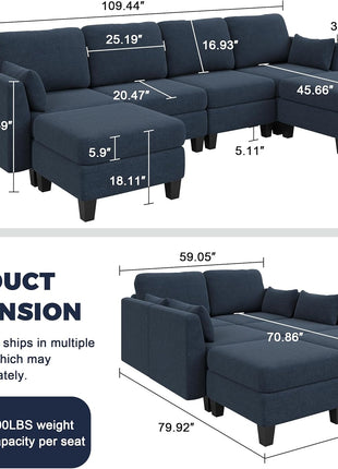Elegant Blue Modular Sectional Sofa - 6-Seat Convertible Sleeper Couch with Ottomans for Enhanced Comfort in Your Living Room