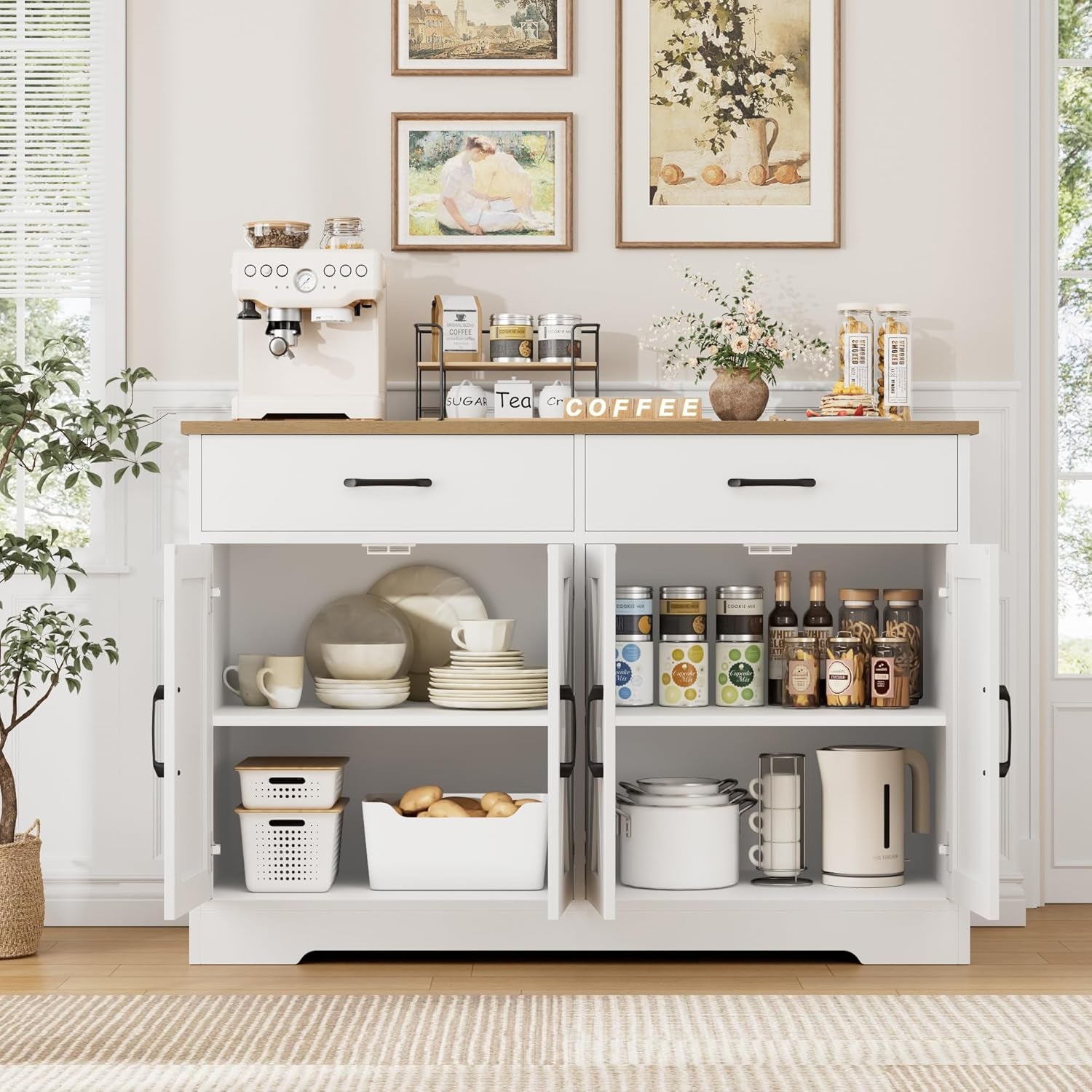 Buffet Cabinet with Storage, 47.2" Kitchen Sideboard Buffet with Drawers, Modern Farmhouse Coffee Bar Station with Shelves, Barn Doors Storage Cabinet for Living Room, White/Rustic Brown