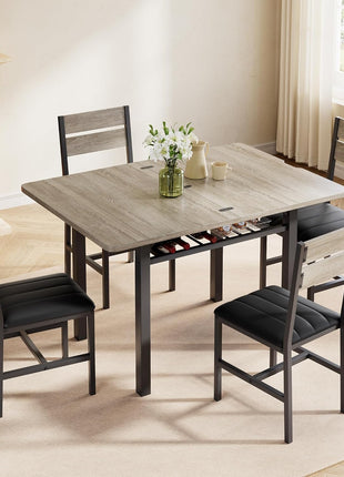 Extendable Dining Table Set for Four with PU Leather Upholstered Chairs and Integrated Storage Rack, Perfect for Compact Spaces, Grey Finish