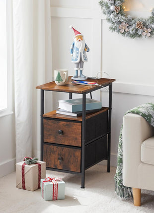Slim End Table with Integrated Charging Station and Dual Non-Woven Drawers, Space-Saving Design in Rustic Brown and Black Finish, Ideal for Living Room and Bedroom Use