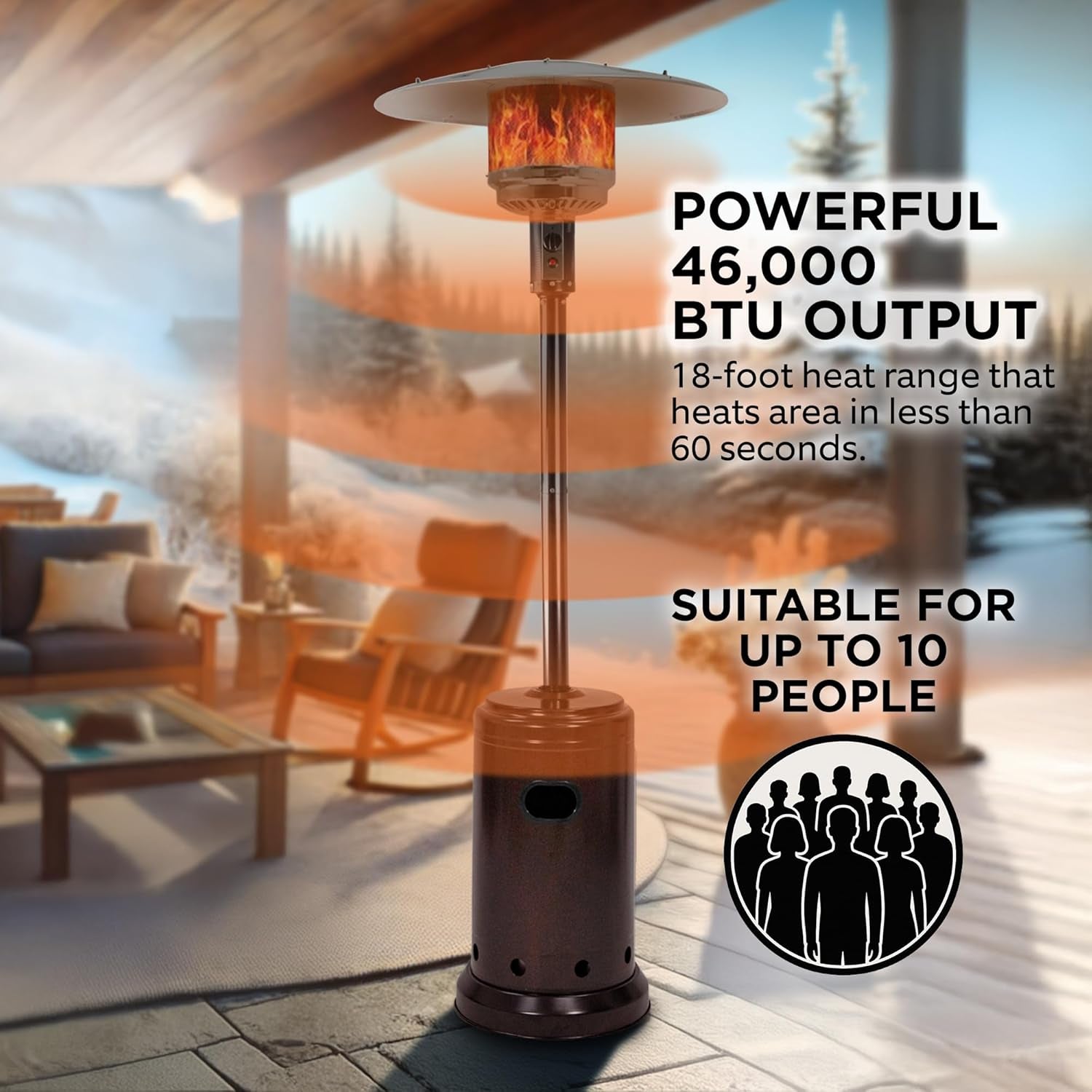 46,000 BTU Outdoor Propane Patio Heater with Wheels, Commercial & Residential, Havana Bronze, with Water Tank, 32.1 X 32.1 X 91.3 Inches (Lxwxh)