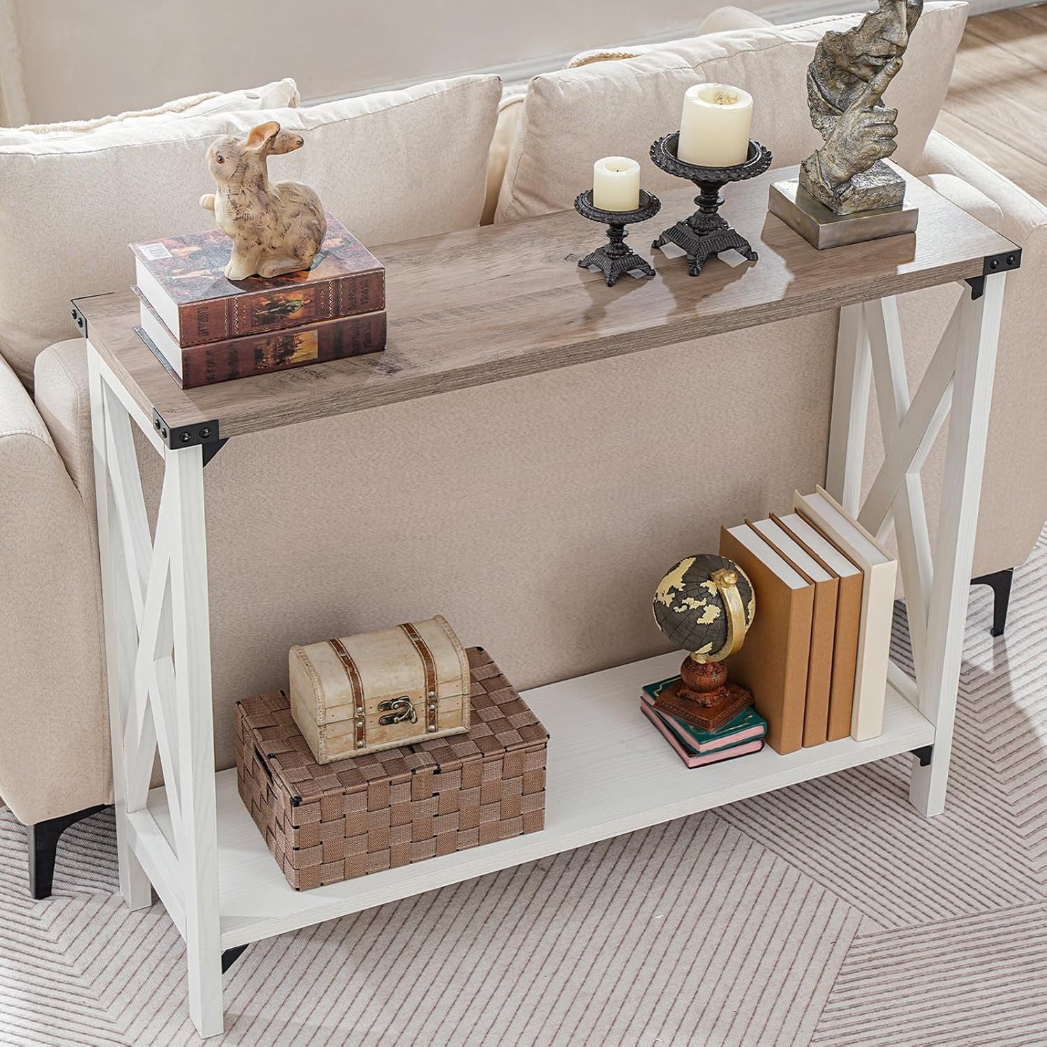 Narrow Console Table, Small Entryway Table, Farmhouse Sofa Table with 2 Open Shelves, for Hallway, Living Room, White and Greige WG08XG01