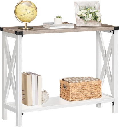 Narrow Console Table, Small Entryway Table, Farmhouse Sofa Table with 2 Open Shelves, for Hallway, Living Room, White and Greige WG08XG01