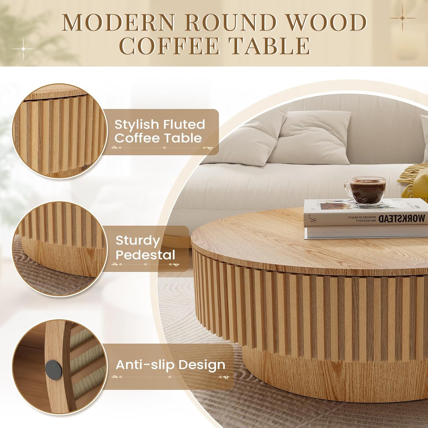 39.37'' round Coffee Table with Storage, Modern Fluted Circle Coffee Table Unique Drum Low Center Tea Table with Solid Wood Veneered for Living Room, Mesas De Centro Para Sala, Natural