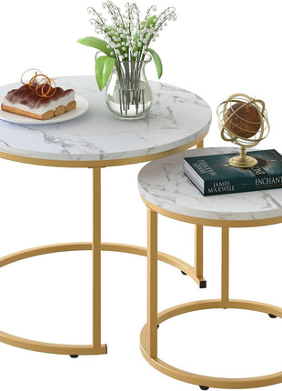 Modern Industrial Nesting Coffee Table Set of Two with Gold Frame and Marble Finish, White Circular Wooden Design for Living Room and Bedroom