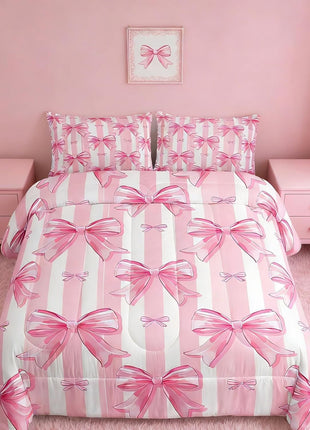 Pink Bowknot Comforter Set - Full Size Dreamy Princess Bedding for Girls' Bedrooms, Kawaii Geometric Bow-Tie Design, All-Season Comforter Set