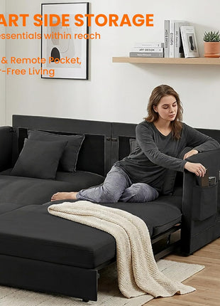 Luxurious 78-Inch King Size Ice Velvet 3-in-1 Convertible Sofa Bed with Side Pocket and Four Pillows in Black