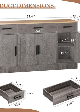 53.4" Farmhouse Buffet Cabinet with Storage, Featuring 3 Drawers and 4 Doors, Adjustable Shelf for Kitchen and Living Room, Gray Finish