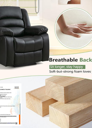 Black Overstuffed Recliner Chair with Breathable Faux Leather, Manual Reclining Feature, Ideal for Living Room Seating