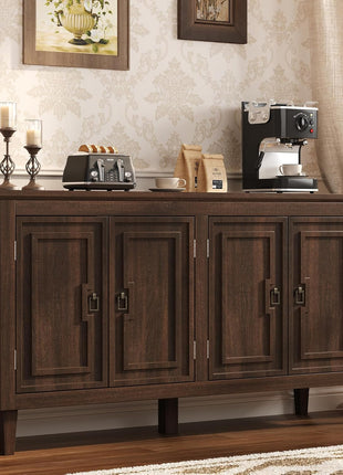 60" Mid-Century Solid Wood Sideboard Cabinet with 4 Doors - Versatile Storage Buffet and Coffee Station for Dining and Living Rooms