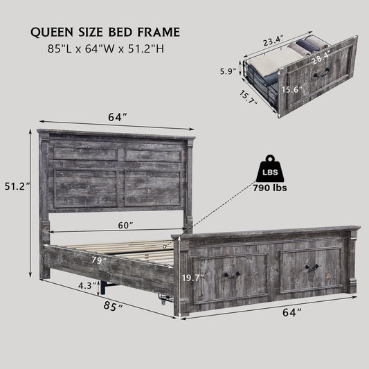 Farmhouse Queen Size Bed Frame with 51" Tall Headboard, Wood Platform Bed Frame with 20" Tall Roman Column Decoration Footboard & 2 Large Storage Drawers, No Box Spring Needed (Light Grey)