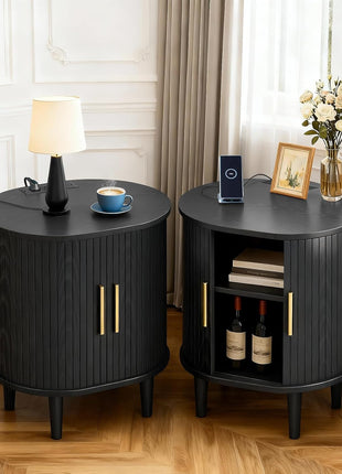 Mid-Century Modern Nightstand Set of 2 with Integrated Charging Station, Fluted Accent Side Table with Sliding Door and Adjustable Shelf, Perfect for Compact Living Room or Bedroom Spaces, Black