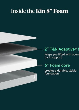 Kin 8-Inch Firm Full Adaptive Foam Mattress with Cooling Pressure Relief and Balanced Support, 100-Night Trial, Fiberglass-Free, CertiPUR-US Certified, 10-Year Limited Warranty