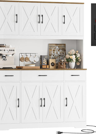 71-Inch Large Pantry Cabinet with Integrated Charging Station, 55-Inch Wide Kitchen Storage Solution Featuring Drawers and Power Outlet, Tall Kitchen Hutch with Countertop in White