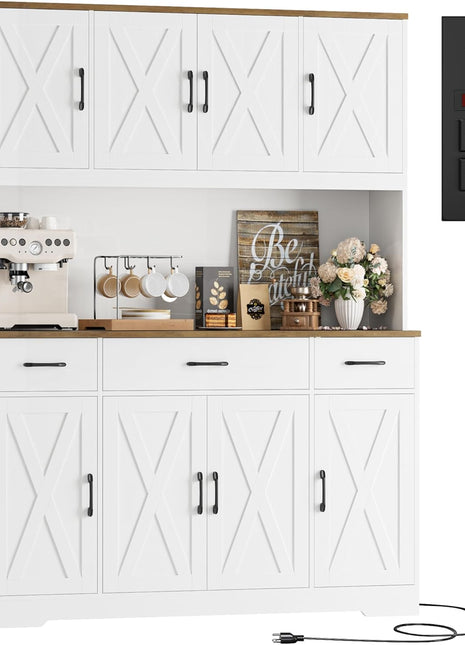 71-Inch Large Pantry Cabinet with Integrated Charging Station, 55-Inch Wide Kitchen Storage Solution Featuring Drawers and Power Outlet, Tall Kitchen Hutch with Countertop in White