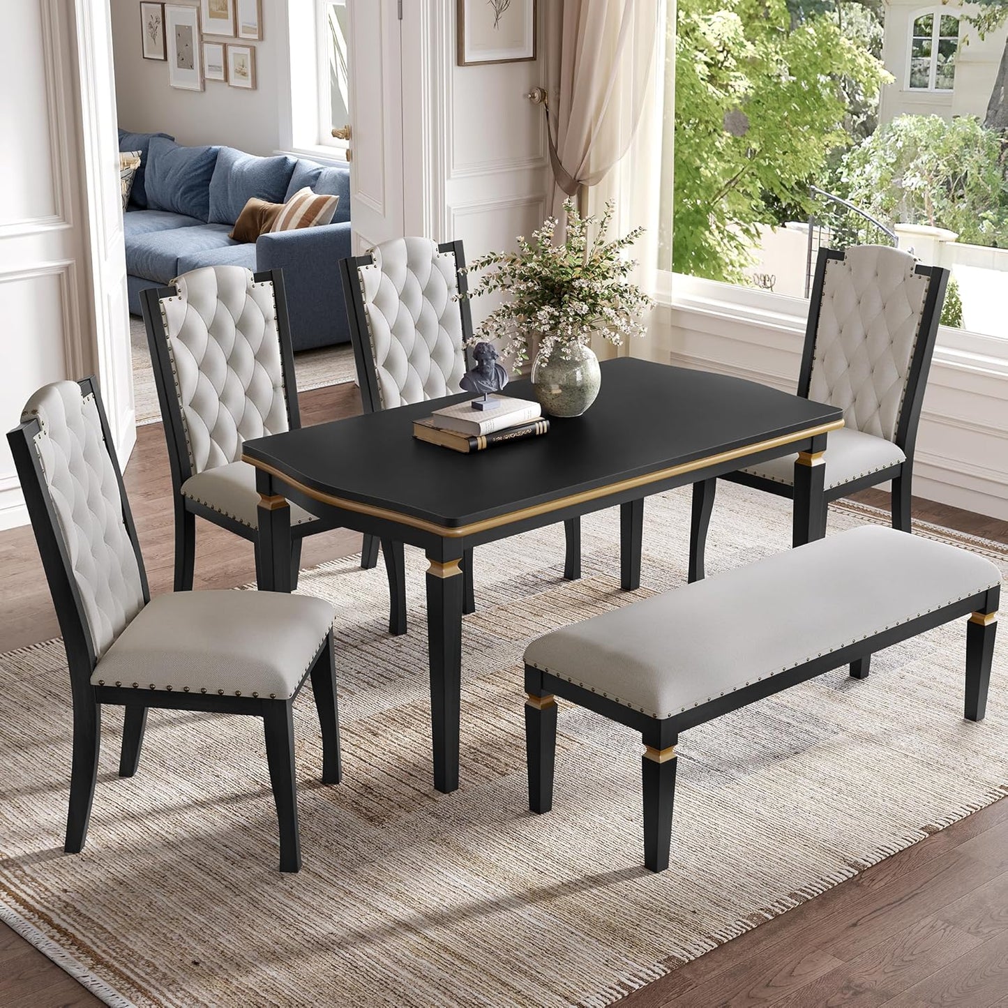 6-Piece Kitchen Dining Table Set, 60" Rectangular Table with 4 High-Back Tufted Upholstered Chairs & 1 Bench, Rubberwood Legs Modern Elegant Farmhouse for Kitchen Room, Black
