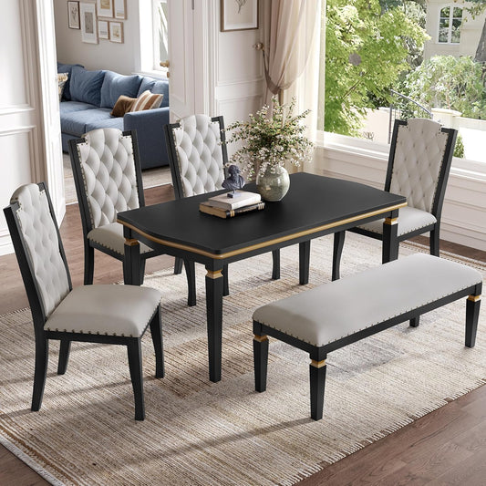 6-Piece Kitchen Dining Table Set, 60" Rectangular Table with 4 High-Back Tufted Upholstered Chairs & 1 Bench, Rubberwood Legs Modern Elegant Farmhouse for Kitchen Room, Black