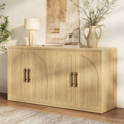 63" Fluted Buffet Cabinet with Storage, Modern Symmetrical Arched Sideboard Credenza with Adjustable Shelf, Elegant Wood Console Table for Dining Room, Kitchen, Living Room(Oak)