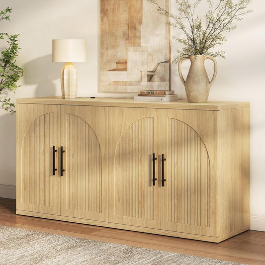 63" Fluted Buffet Cabinet with Storage, Modern Symmetrical Arched Sideboard Credenza with Adjustable Shelf, Elegant Wood Console Table for Dining Room, Kitchen, Living Room(Oak)