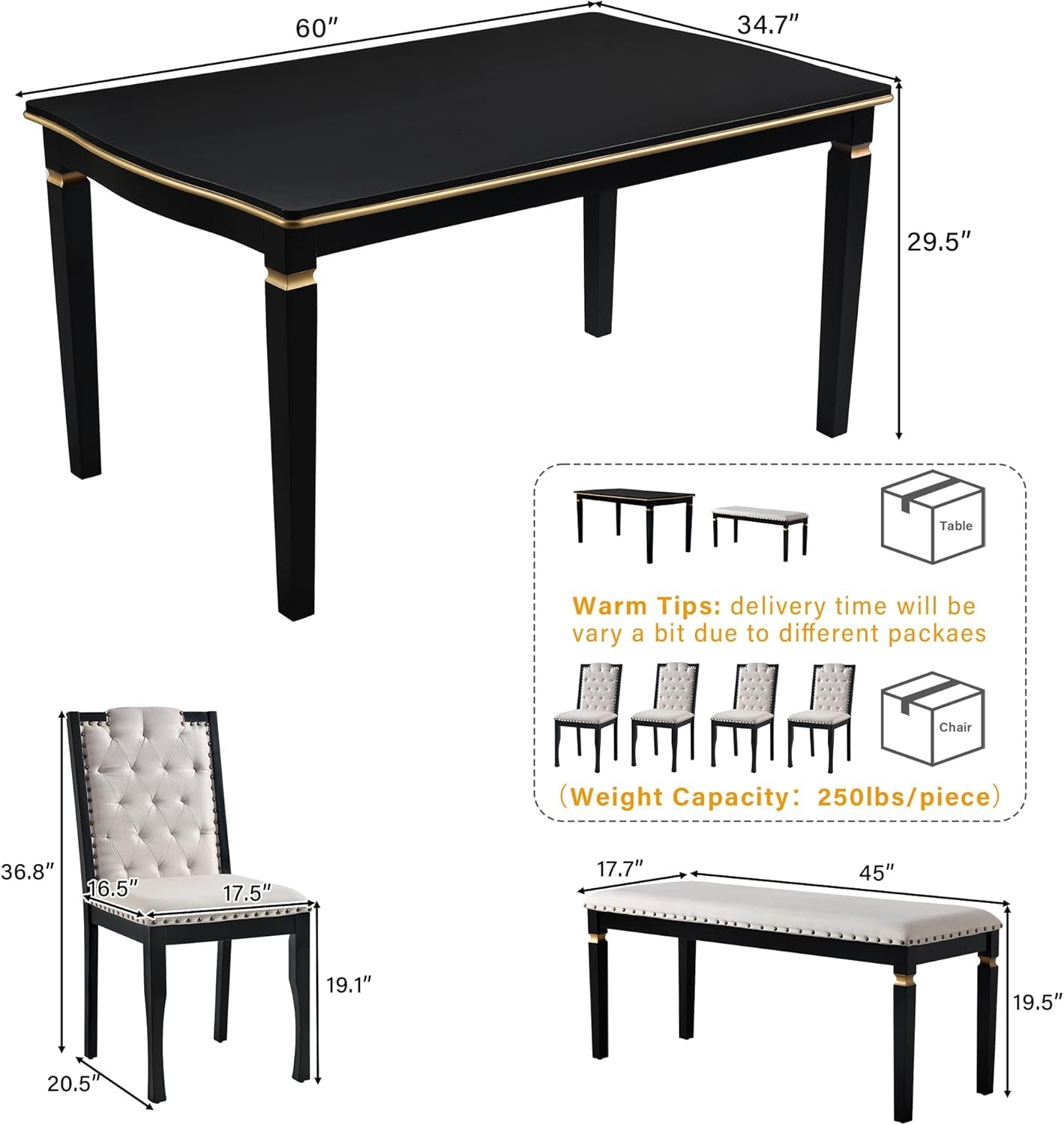 6-Piece Kitchen Dining Table Set, 60" Rectangular Table with 4 High-Back Tufted Upholstered Chairs & 1 Bench, Rubberwood Legs Modern Elegant Farmhouse for Kitchen Room, Black