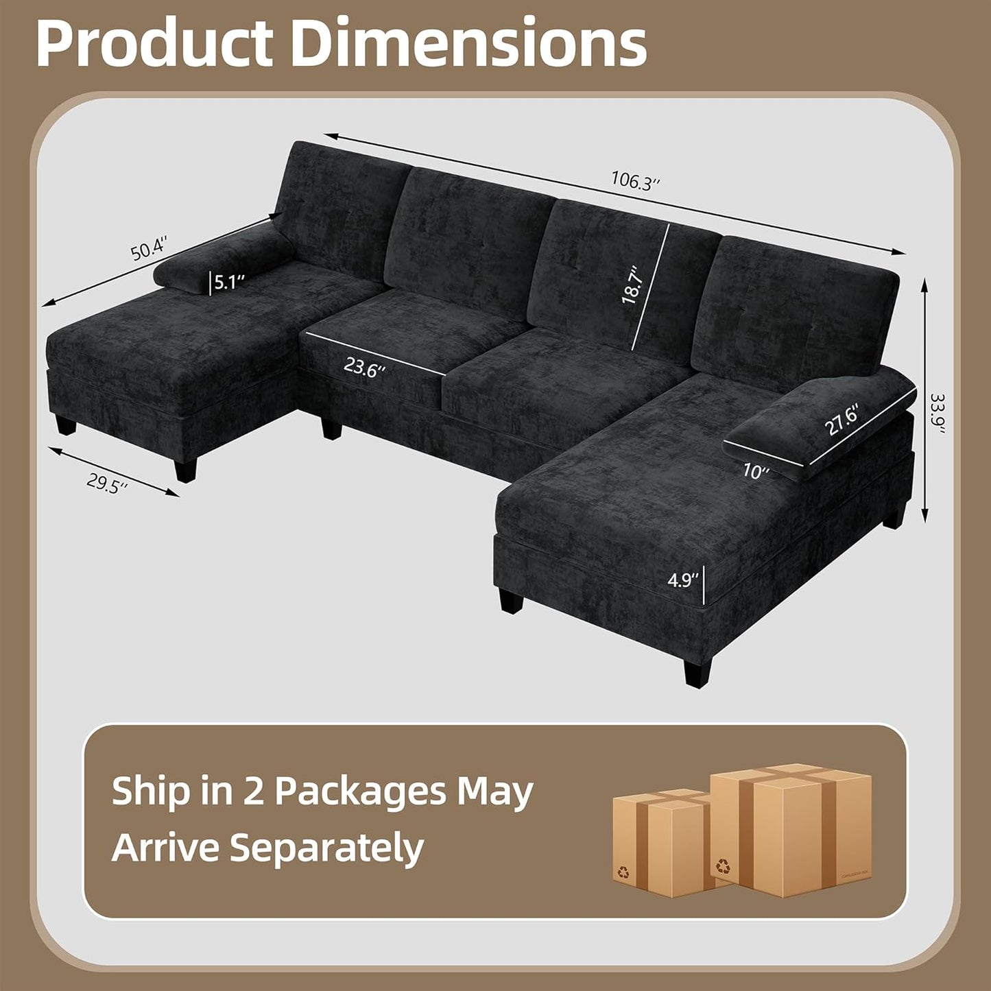 Sectional Couches for Living Room, Convertible U-Shaped Sofa Couch with Double Chaise, 4 Seat Sofa Set Modular Sofa Couch for Apartment, Black